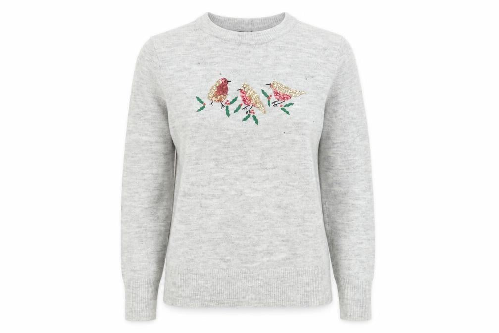 Bonmarché Women's Grey Embroidered Bird Pullover, Size 10