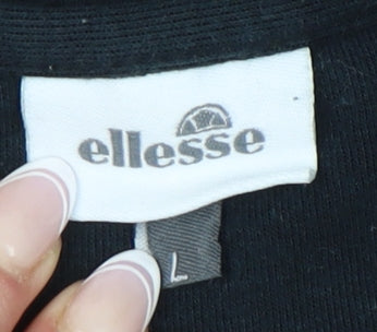 Close-up detail of Ellesse Women's Black Zip Jacket, size L, Logo Accent