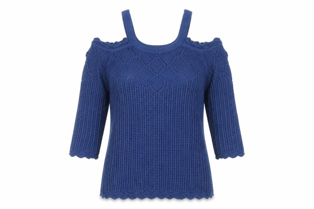 B. YOU Women's Blue Geometric Open-Knit Pullover Jumper