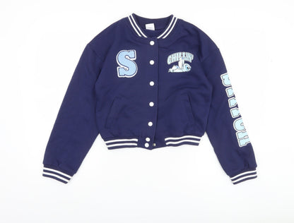 Front view of Disney girls’ blue stitch varsity jacket 11-12 years