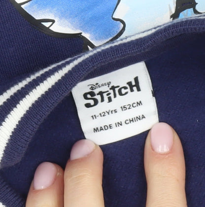 Brand and care label for Disney girls’ blue stitch varsity jacket 11-12 years