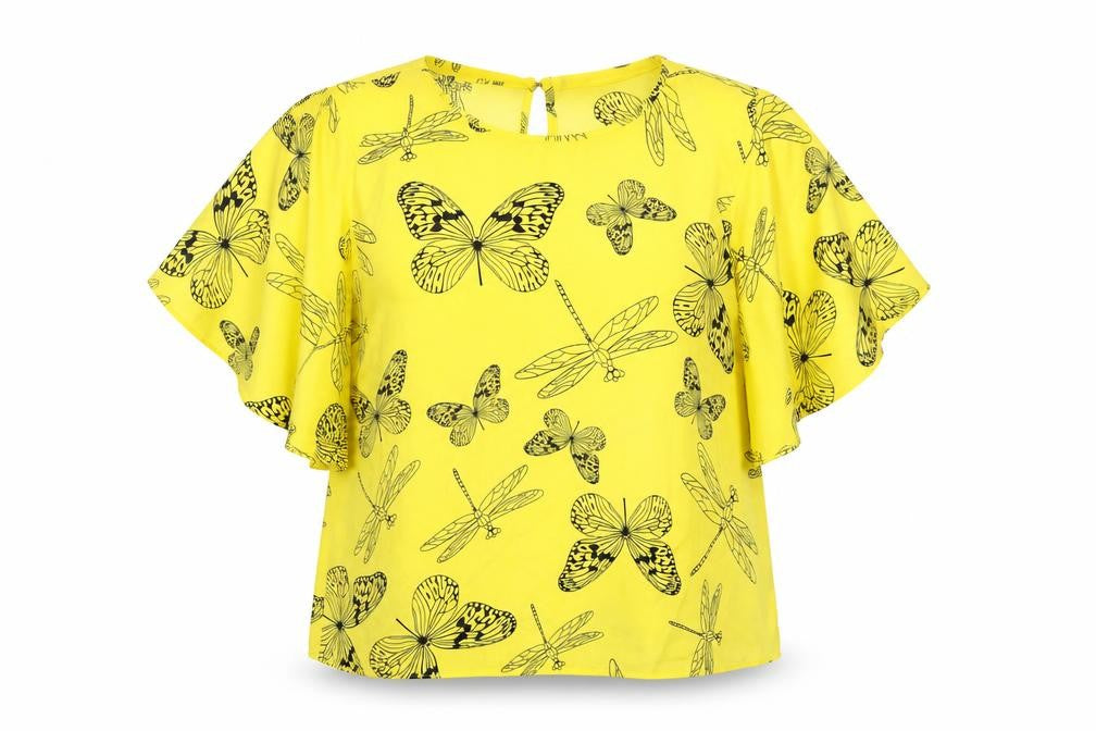 Marina Kaneva Yellow Animal Print Flutter Top