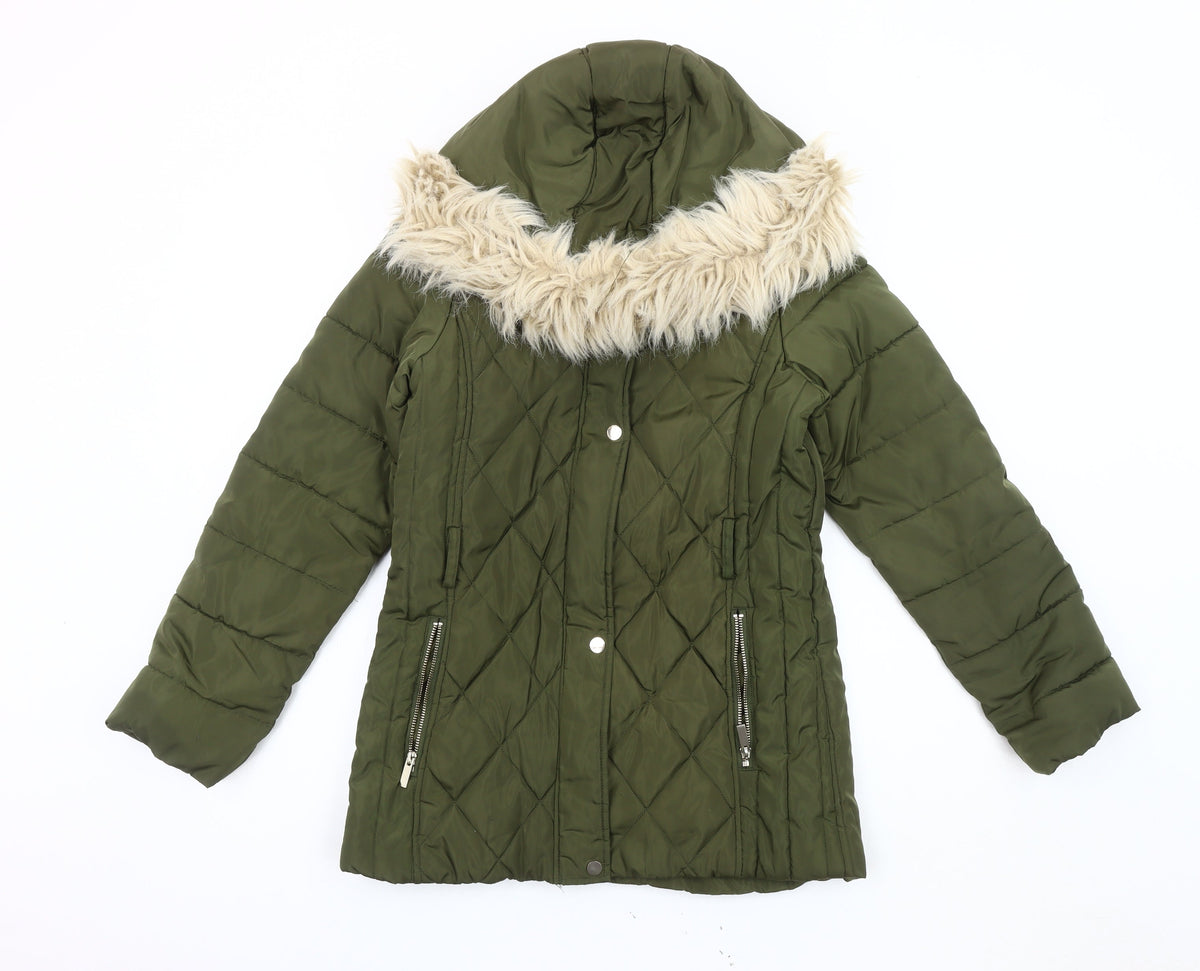 Oasis Women's Green Puffer Jacket, Size 10, Fur Trim