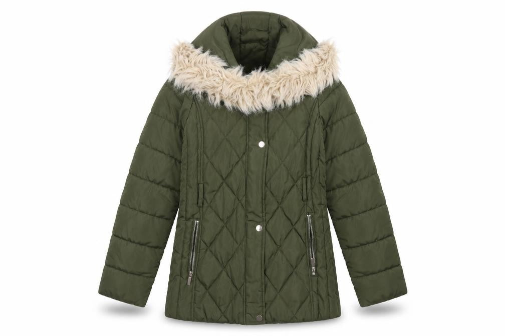 Oasis Women's Green Puffer Jacket, Size 10, Fur Trim
