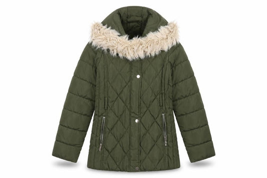 Oasis Women's Green Puffer Jacket, Size 10, Fur Trim