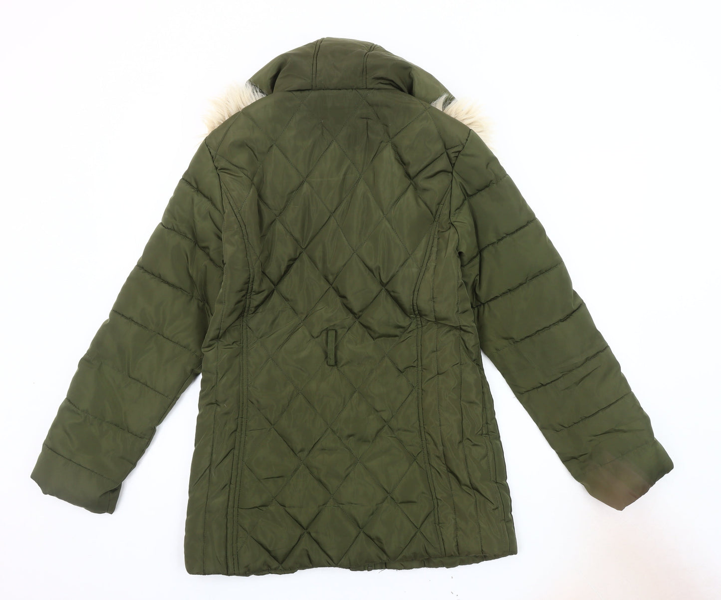 Oasis Women's Green Puffer Jacket, Size 10, Fur Trim