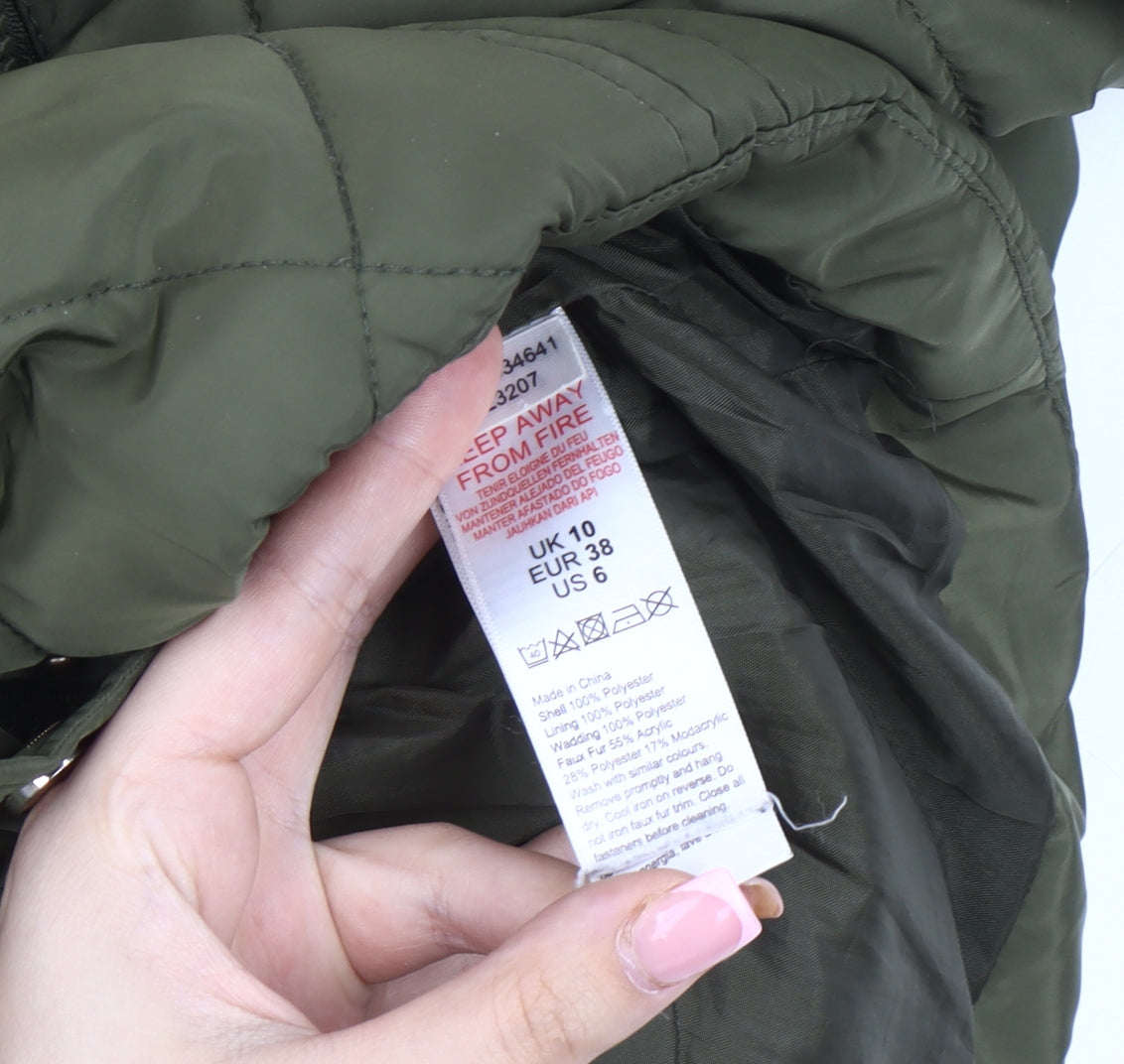 Oasis Women's Green Puffer Jacket, Size 10, Fur Trim