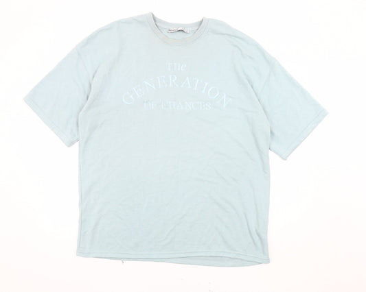 Bershka Blue Men's Large Crew Neck T-Shirt