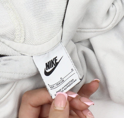 Close-up detail of Nike girls’ white grey tie-dye pullover hoodie, size L