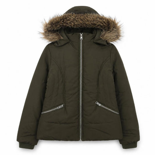 915 Generation Girls' Green Puffer Jacket 12-13 Years Hooded Faux Fur Trim