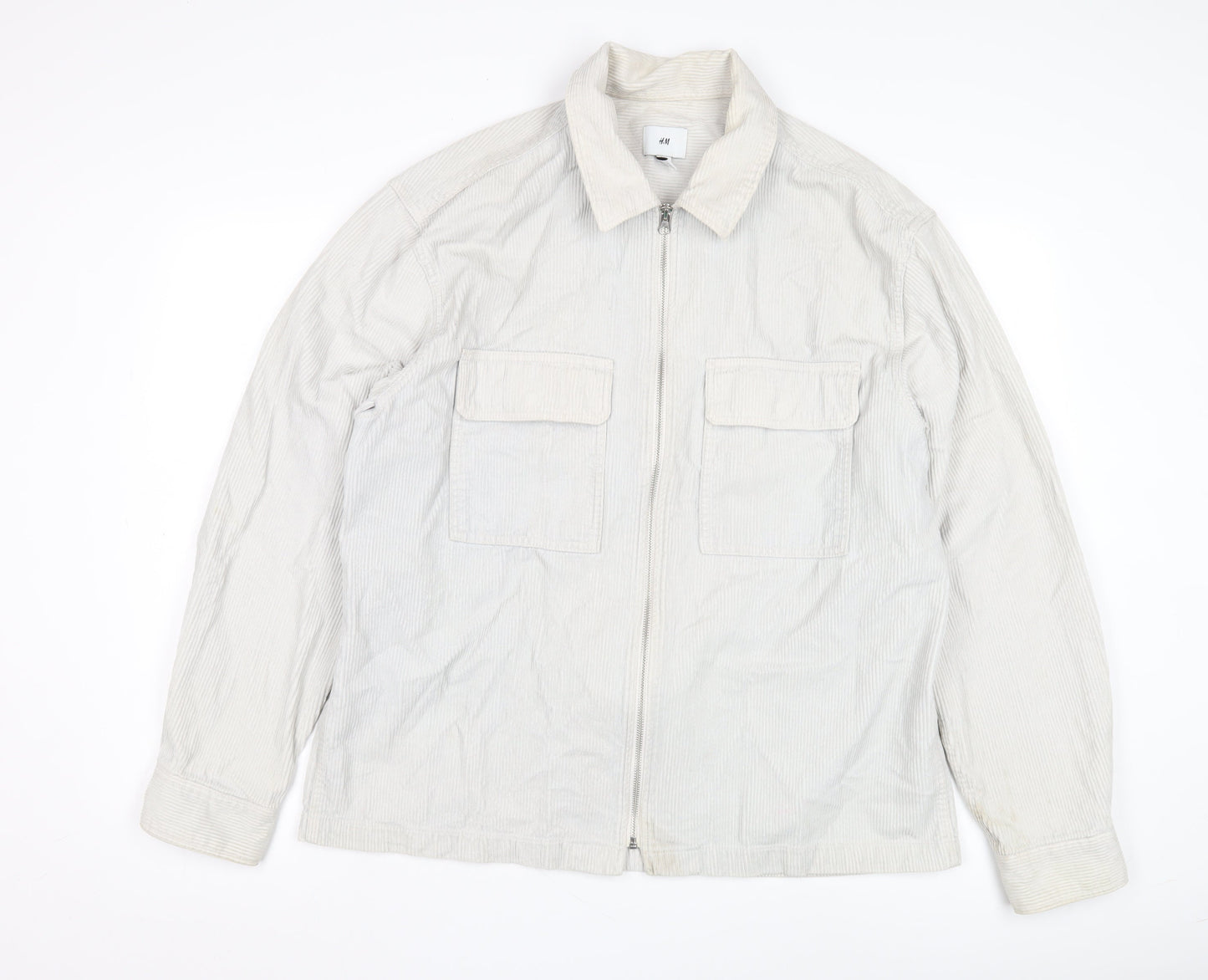 H&M Men's White Cotton Jacket, M, Casual, Full Zip