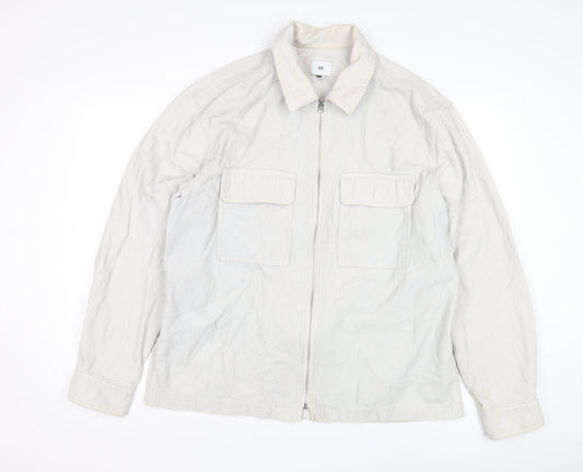 H&M Men's White Cotton Jacket, M, Casual, Full Zip
