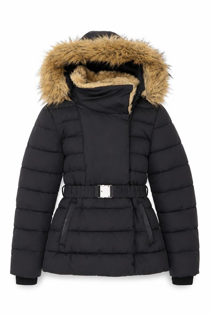 Warehouse Women's Black Puffer Jacket with Fur Hood Size 6