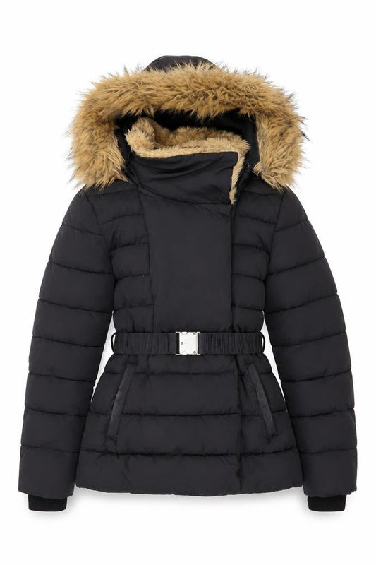 Warehouse Women's Black Puffer Jacket with Fur Hood Size 6