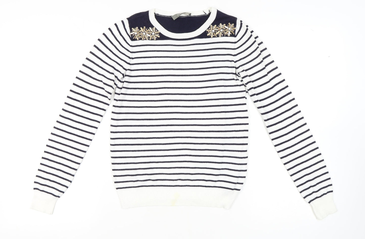 Oasis Women's White XS Striped Beaded Pullover Jumper