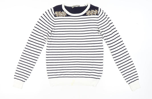 Oasis Women's White XS Striped Beaded Pullover Jumper