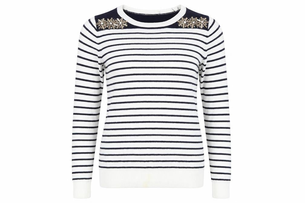 Oasis Women's White XS Striped Beaded Pullover Jumper