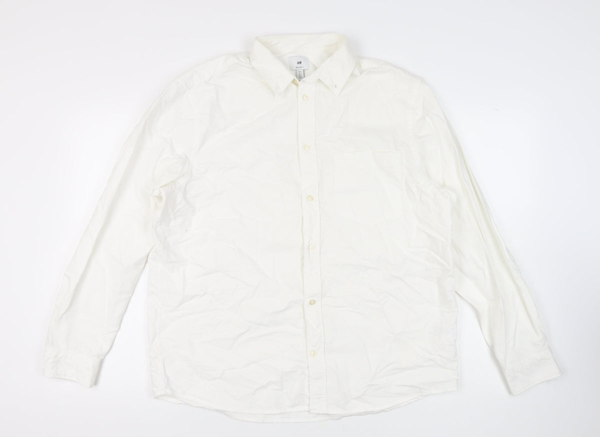 H&M Men’s White Regular Fit Cotton Shirt L Button-Up