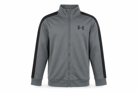 Front view of Under Armour boys’ medium grey full zip sweatshirt