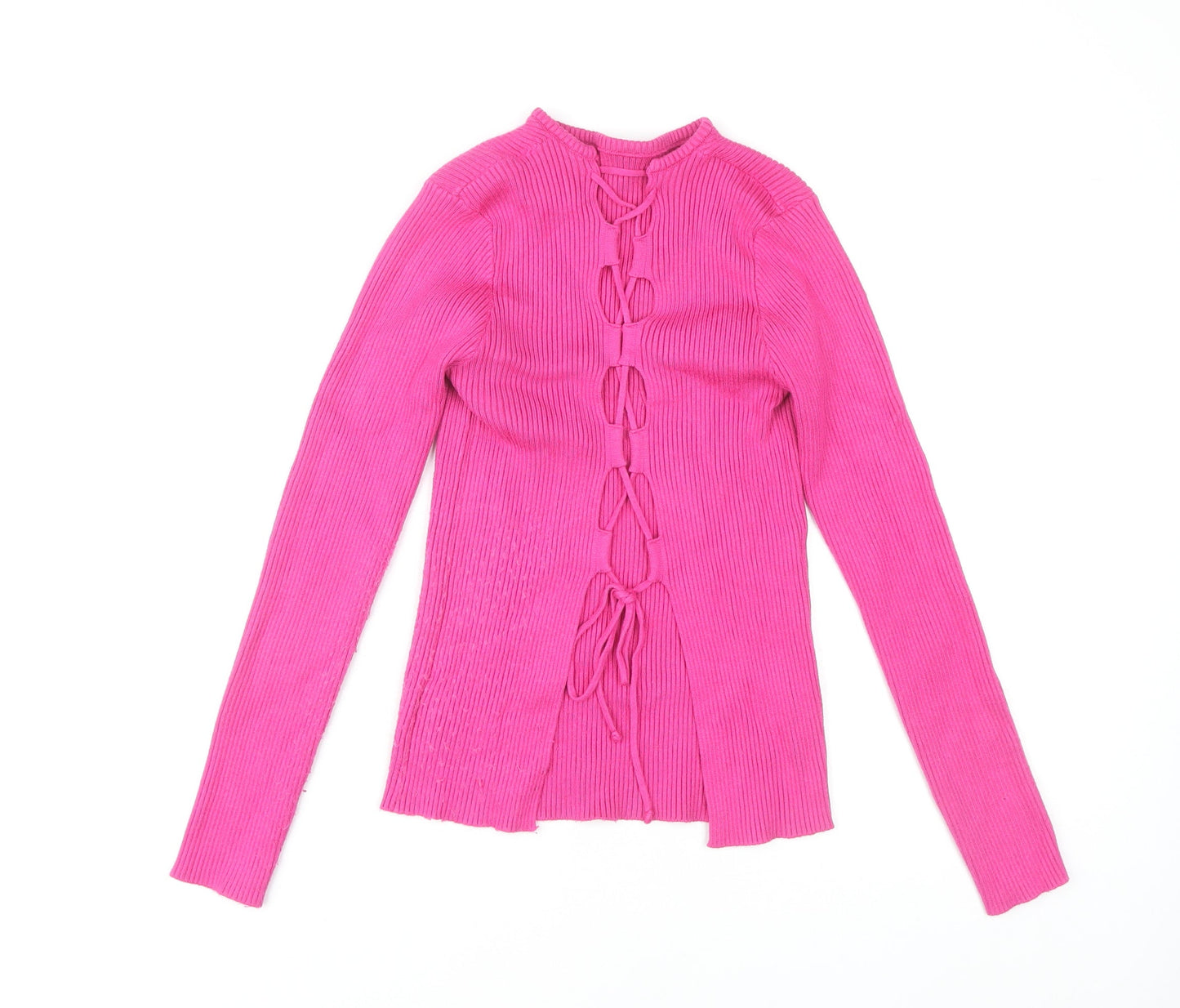 MISSPAP Women's Pink Knit Lace Up High Neck Top L-XL