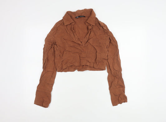 Zara Women's Cropped Brown Long Sleeve Collared Top