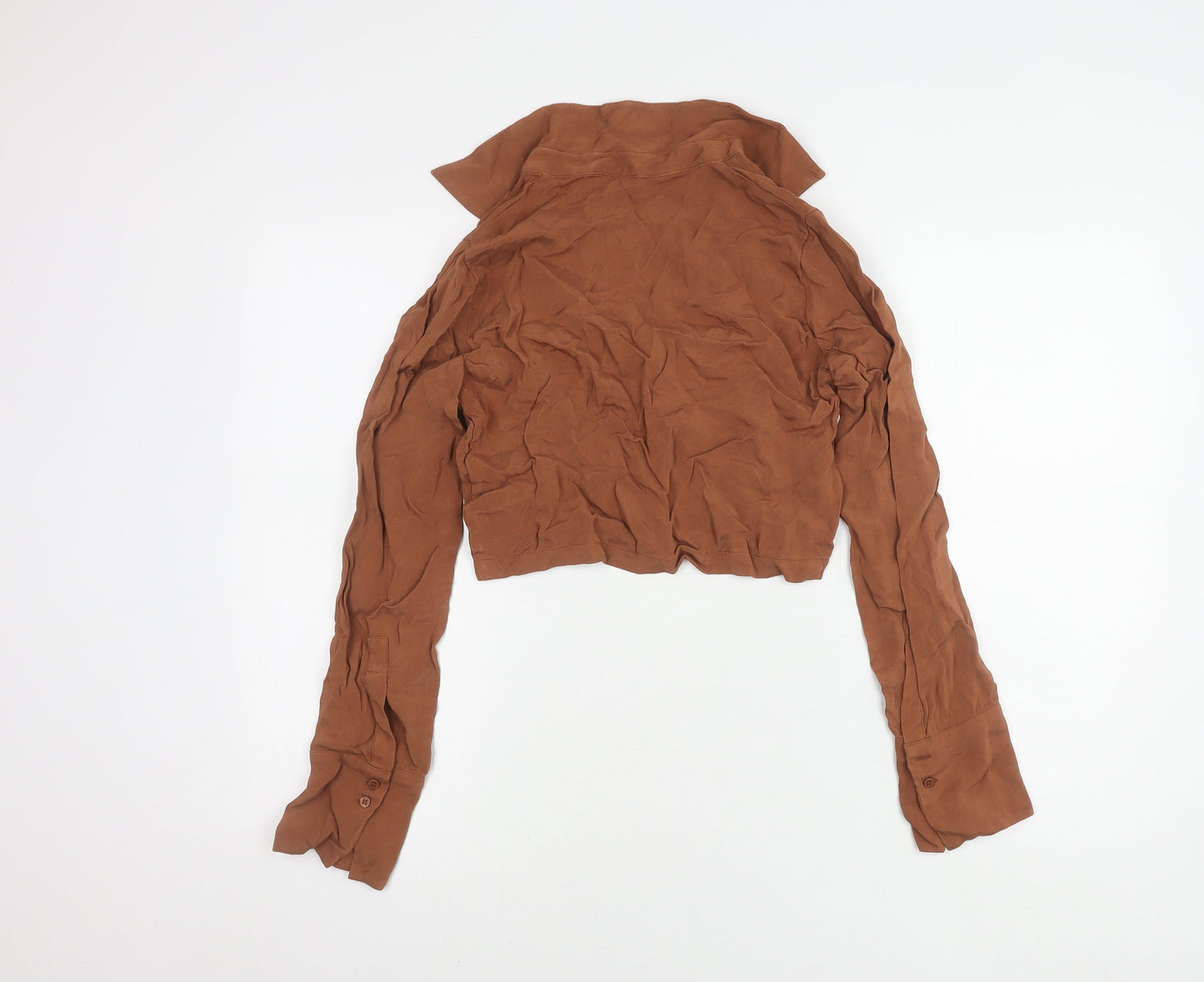 Zara Women's Cropped Brown Long Sleeve Collared Top
