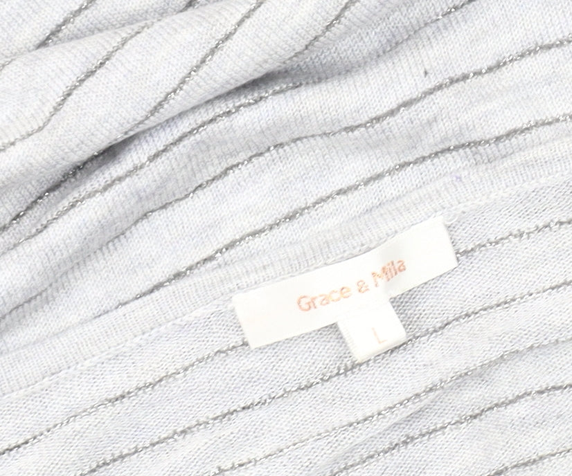 Grace & Mila Women's Grey Striped V-Neck T-Shirt L