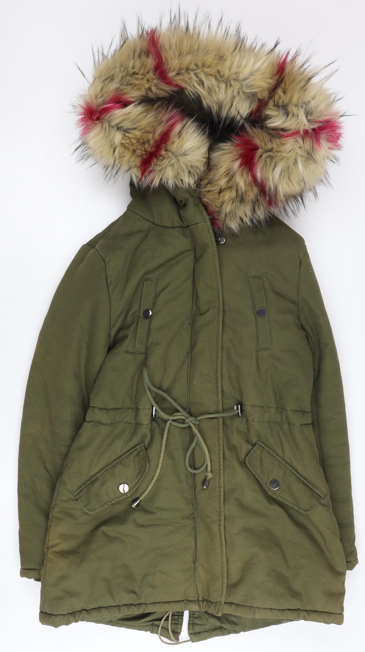 Redial Women's Green Parka Coat with Faux Fur Trim, Size S