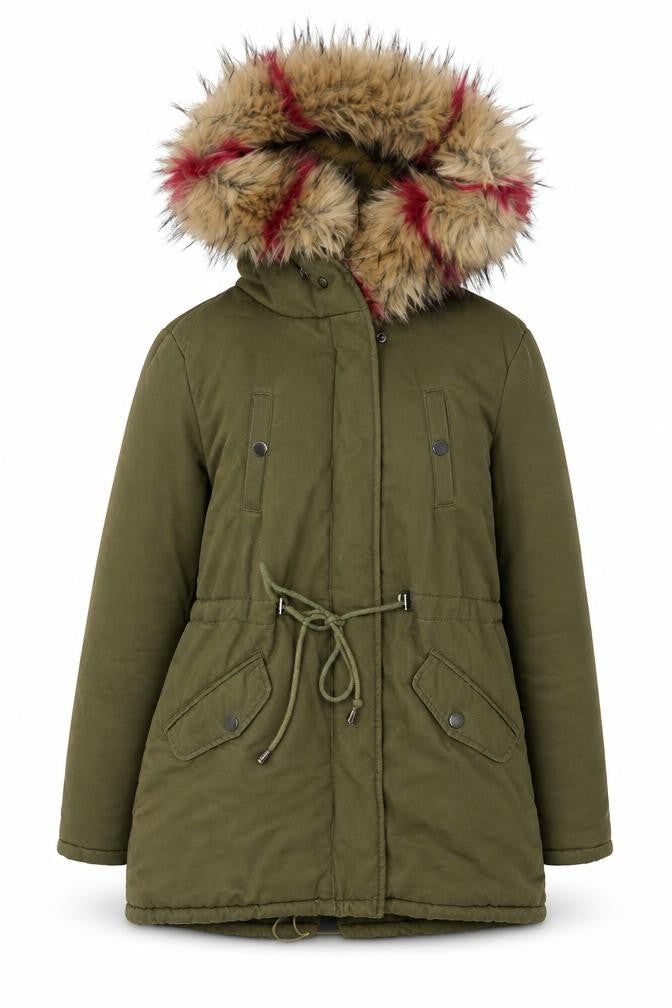 Redial Women's Green Parka Coat with Faux Fur Trim, Size S