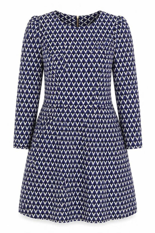 Front view of Closet London Women's Blue Geometric Dress, size 12