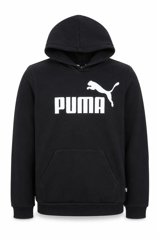 Front view of Puma boys’' black pullover hoodie xl with logo accent