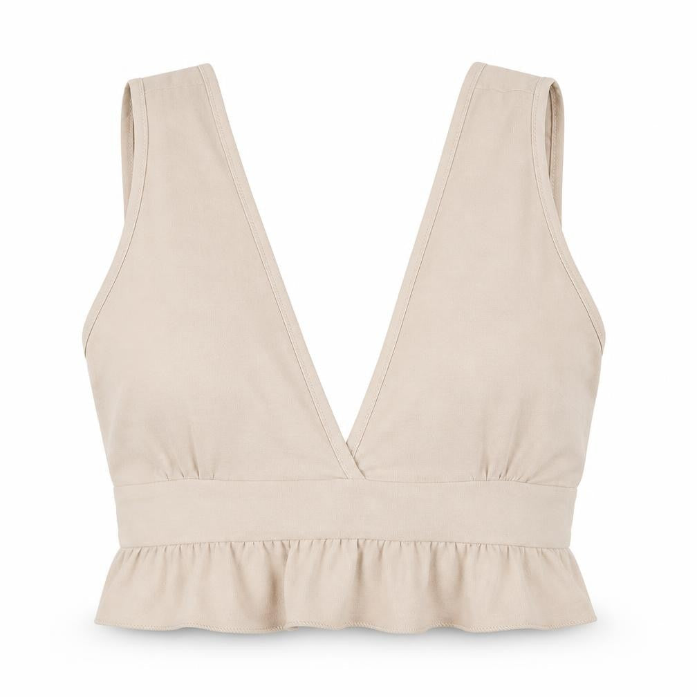 Boohoo Women's Beige V-Neck Ruffle Sleeveless Top
