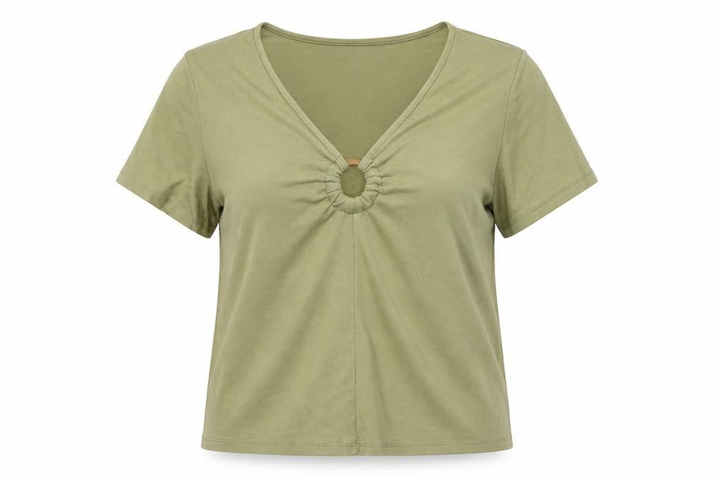 Mango Women's Green V-Neck Short Sleeve T-Shirt