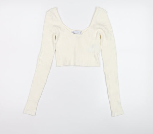 Bershka Women Ivory Scoop Neck Pullover Jumper UK 10