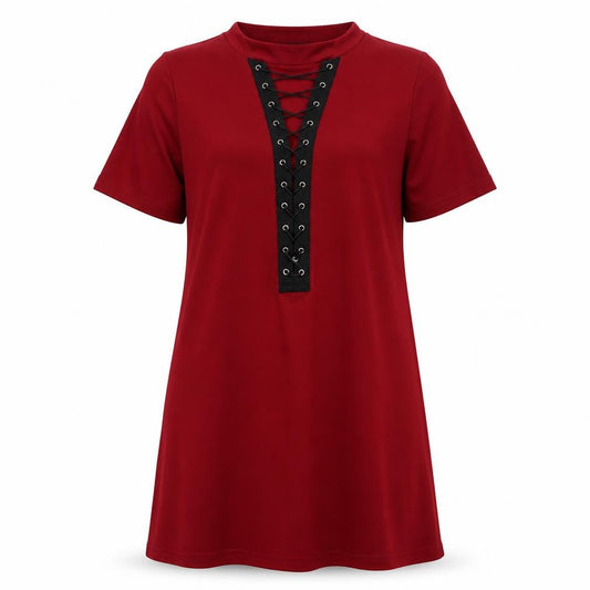 Zanzea Women's Red T-Shirt Dress, M, Lace Up V-Neck, Short Sleeve