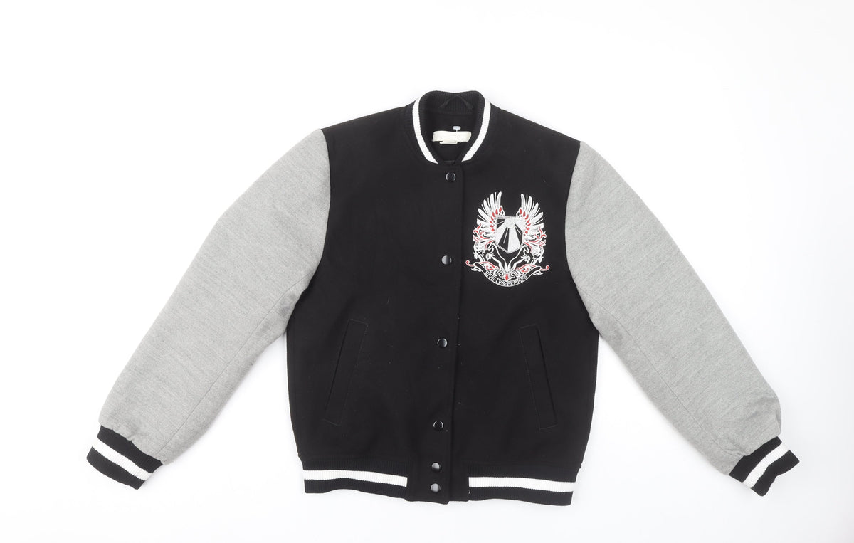 H&M Women's Black Varsity Jacket, Size 4, Embroidered Casual