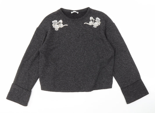 Zara Women's Grey Knit Pullover Jumper M Beaded Detail