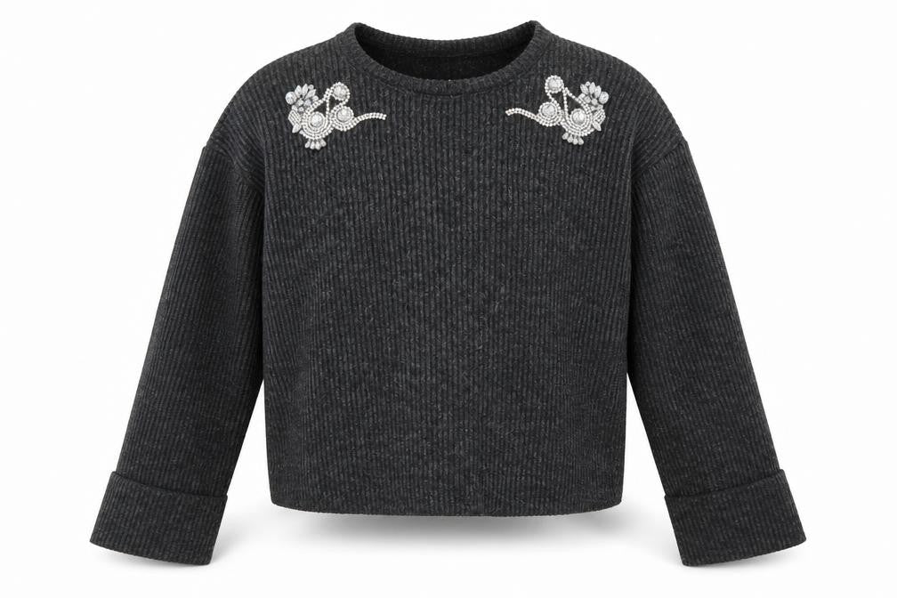 Zara Women's Grey Knit Pullover Jumper M Beaded Detail
