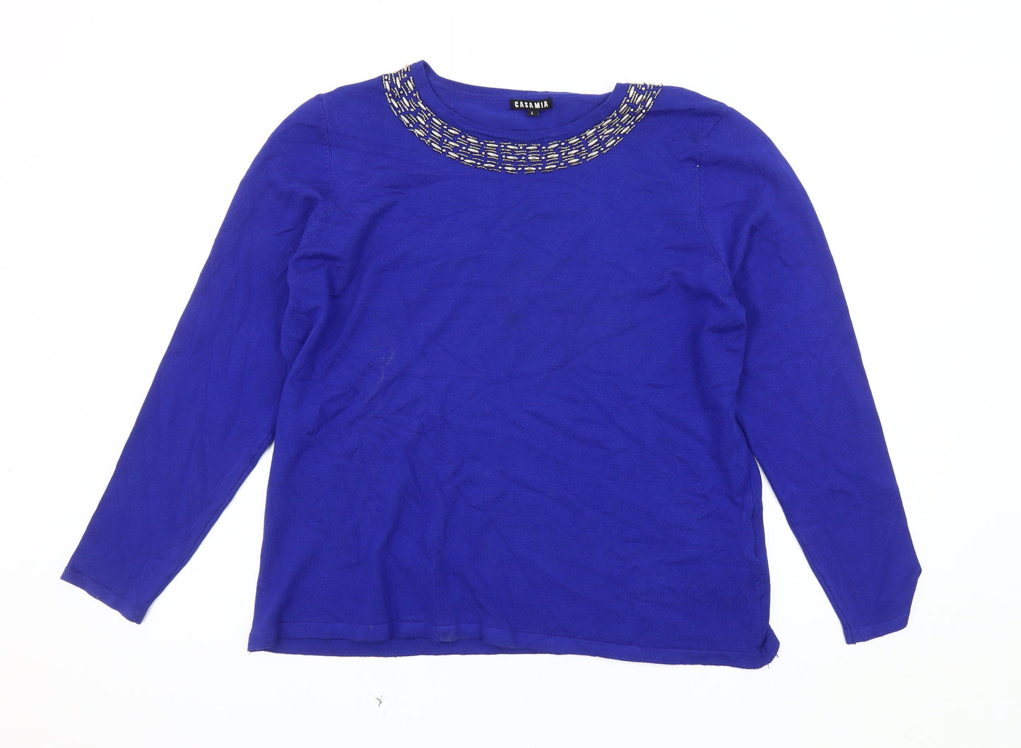 Casamia Women's Blue Pullover Jumper L Beaded Neck