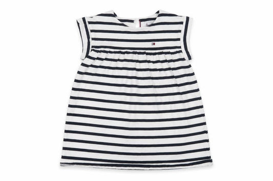 Front view of Tommy Hilfiger girls’ navy striped a-line dress, 24 months