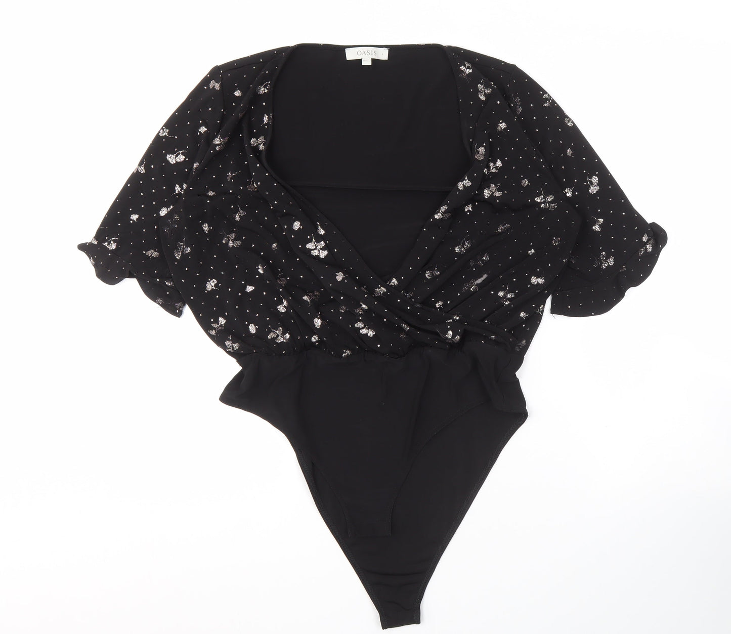 Oasis Women’s Black Wrap Floral Blouse, Size L, V-Neck