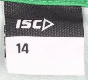 Brand and care label for ISC boys’ green blue graphic print t-shirt, size 14