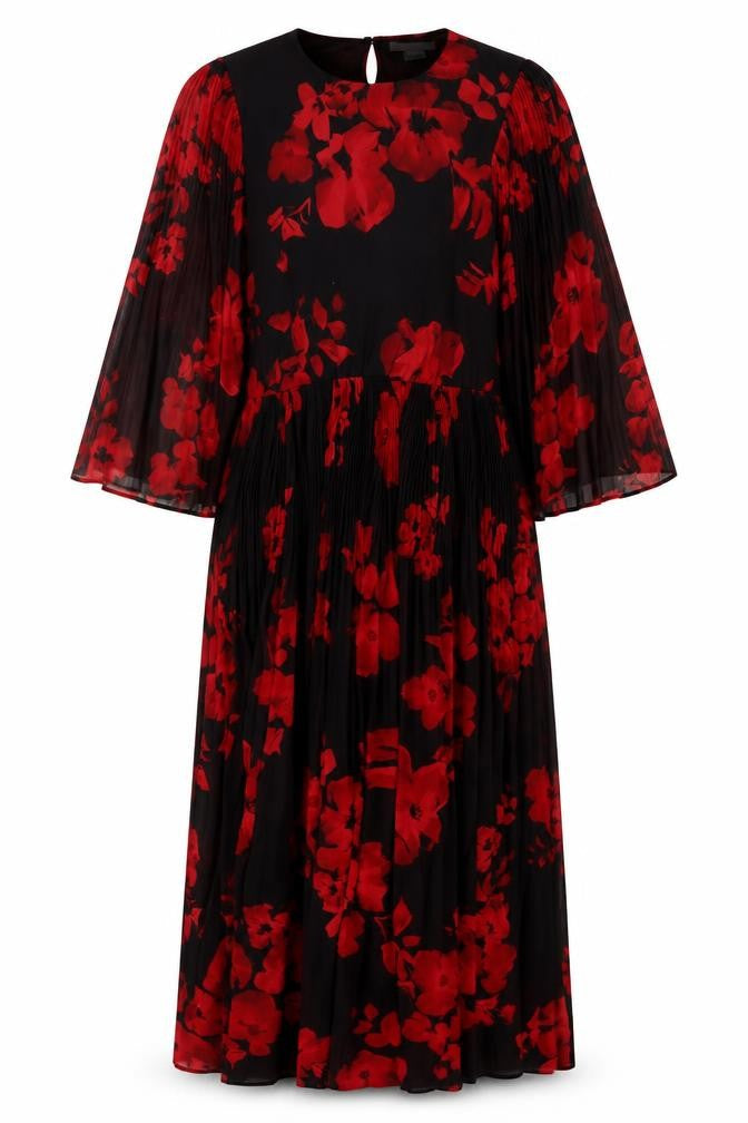 H&M Women's Black Red Floral Midi Dress Size 6