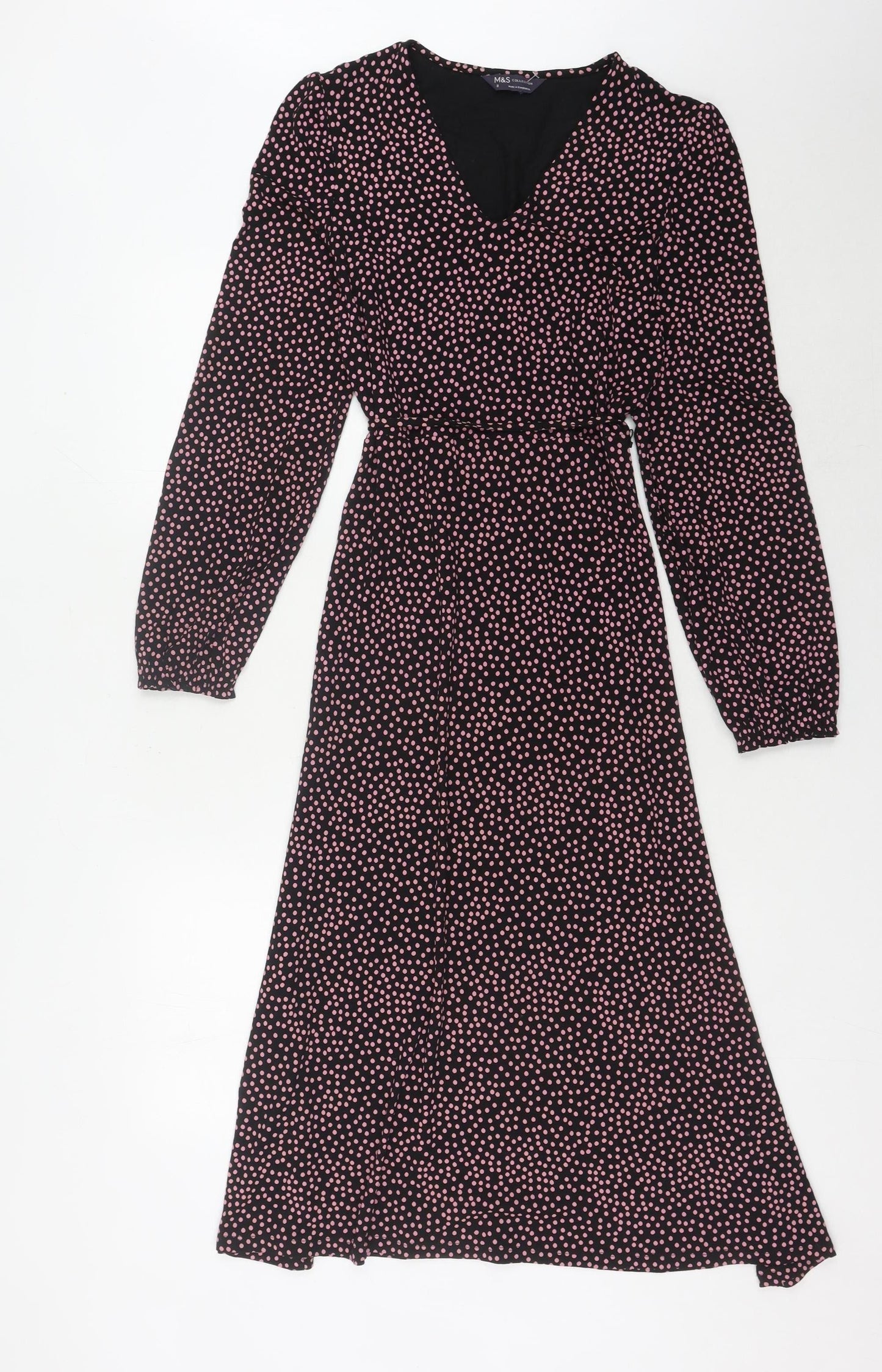Marks and Spencer Women's Black Polka Dot Wrap Dress - Size 8