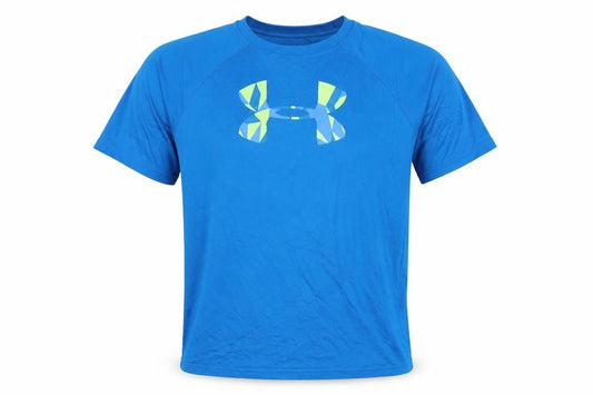 Front view of Under Armour boys’ blue xl t-shirt, relaxed fit jersey