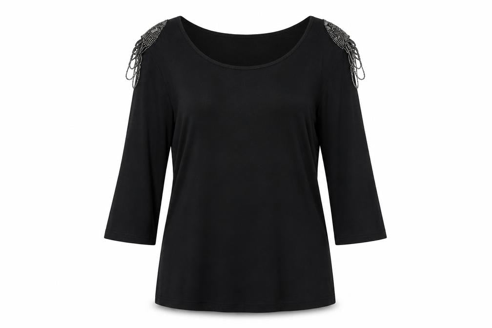 Marc Lauge Women's Black Beaded 3/4 Sleeve Top XL
