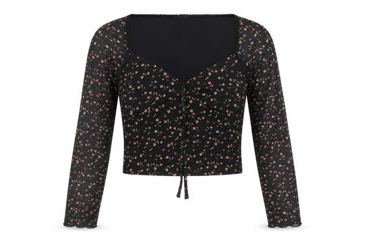 Front view of Urban Outfitters Women's Black Floral Mesh Top