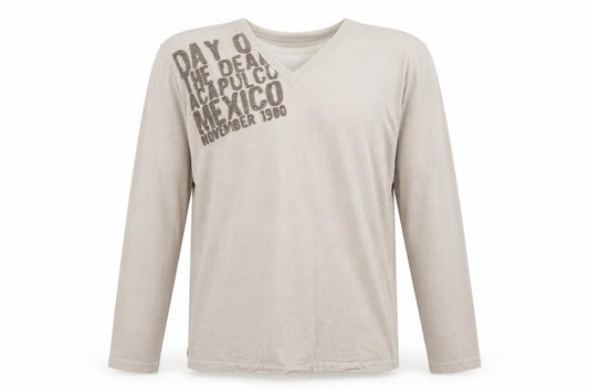Next Men's Beige Graphic Long Sleeve V-Neck Tee