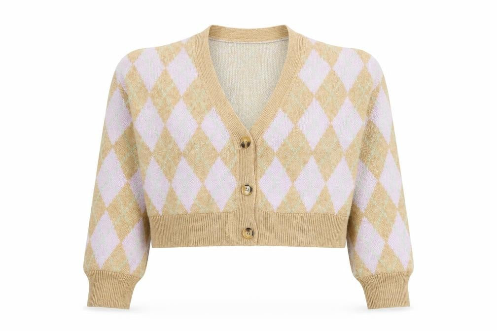Stradivarius Women’s Beige Argyle Cardigan, Size 8