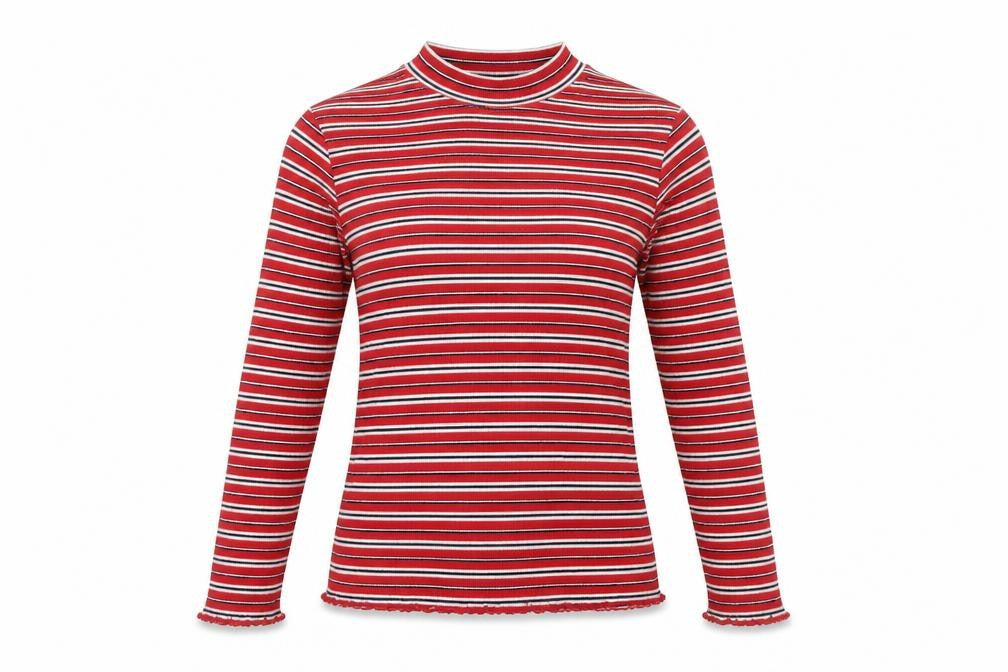 Marks & Spencer Women Red Striped Mock Neck T-Shirt